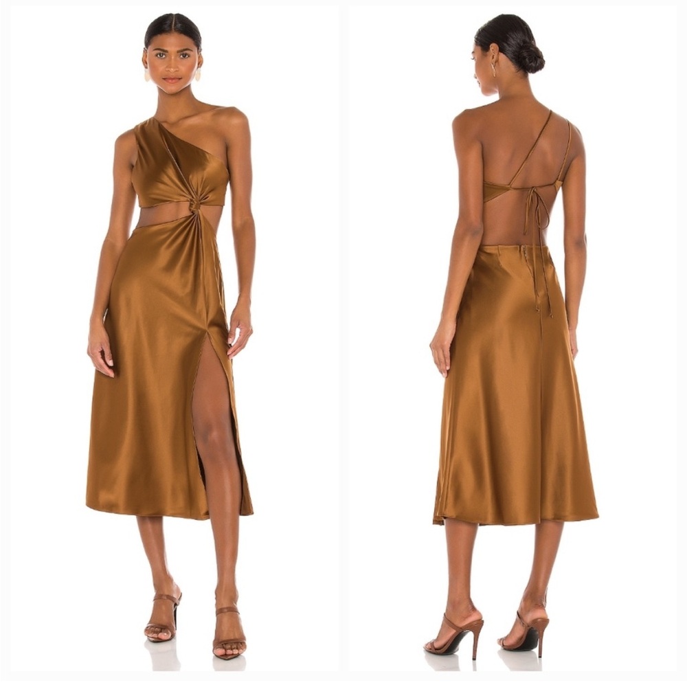LPA Imani Brown Satin One Shoulder Knot Cutout Midi Dress LPD581 S
